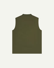 Back view of Uskees coriander green gilet-style zip-front waistcoat, showing jersey cotton collar.
