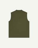 Back view of Uskees coriander green gilet-style zip-front waistcoat, showing jersey cotton collar.