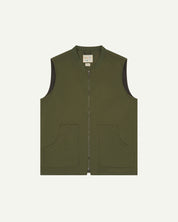 Front flat shot of Uskees coriander green gilet-type zip front waistcoat showing the front patch pockets and inner brand label at neck.