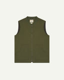 Front flat shot of Uskees coriander green gilet-type zip front waistcoat showing the front patch pockets and inner brand label at neck.