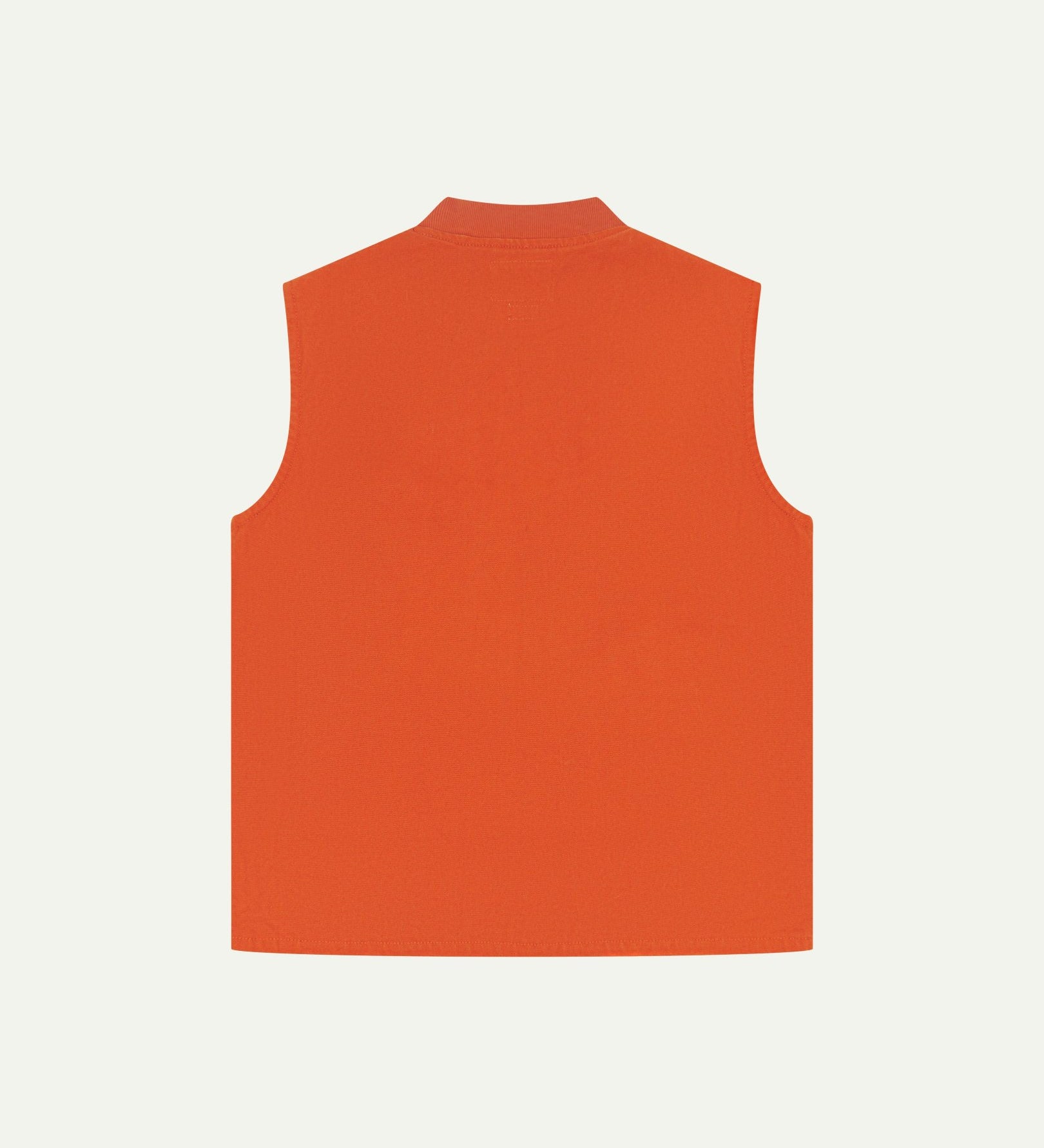 Back view of Uskees golden-orange gilet-style zip-front waistcoat, showing jersey cotton collar.