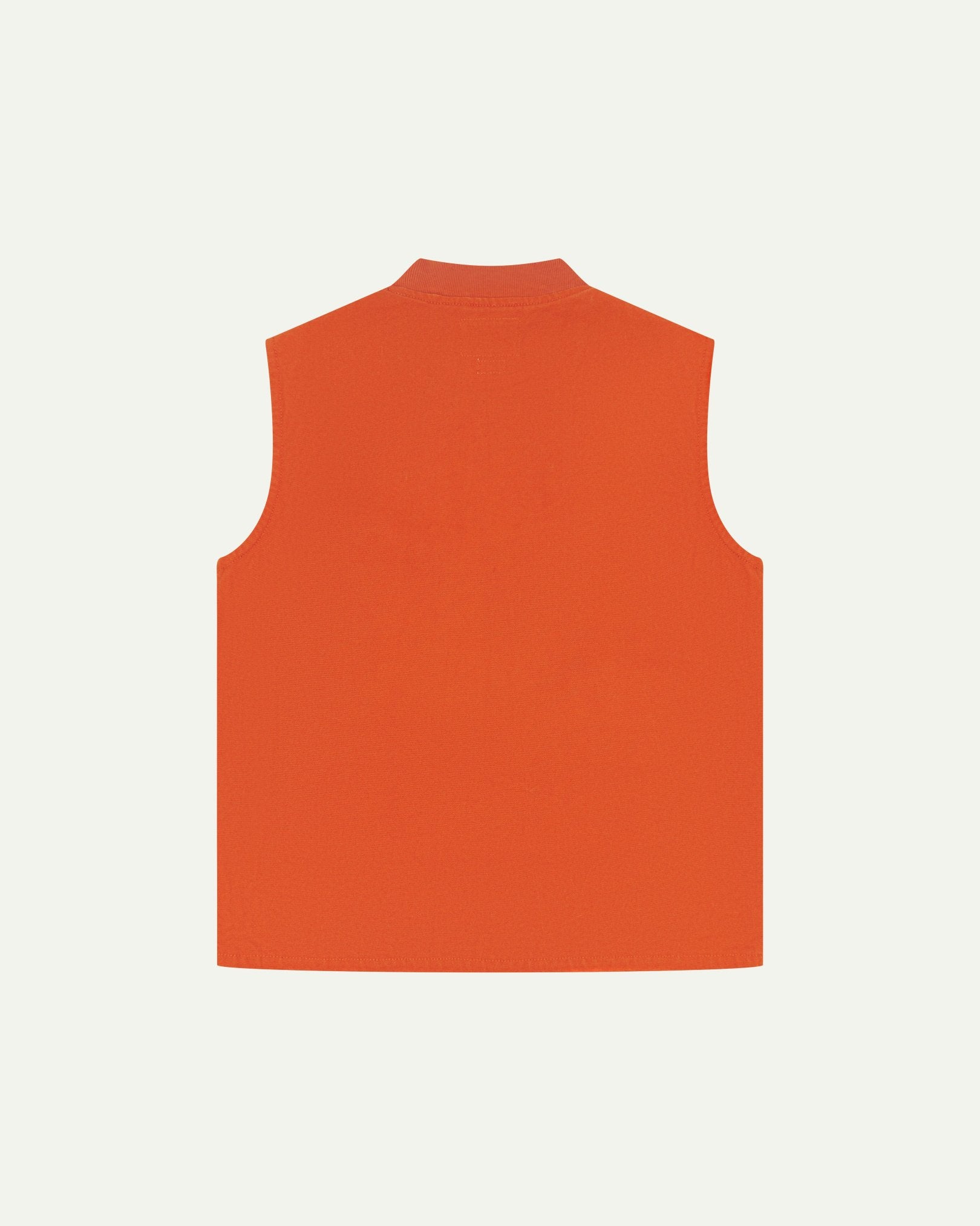 Back view of Uskees golden-orange gilet-style zip-front waistcoat, showing jersey cotton collar.