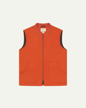 Front flat shot of golden-orange gilet-type zip front waistcoat showing the front patch pockets, contrasting lining and Uskees brand label at neck.