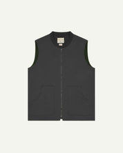 front flat shot of uskees dark grey gilet-style zip front waistcoat showing the front pockets and inner brand label at neck