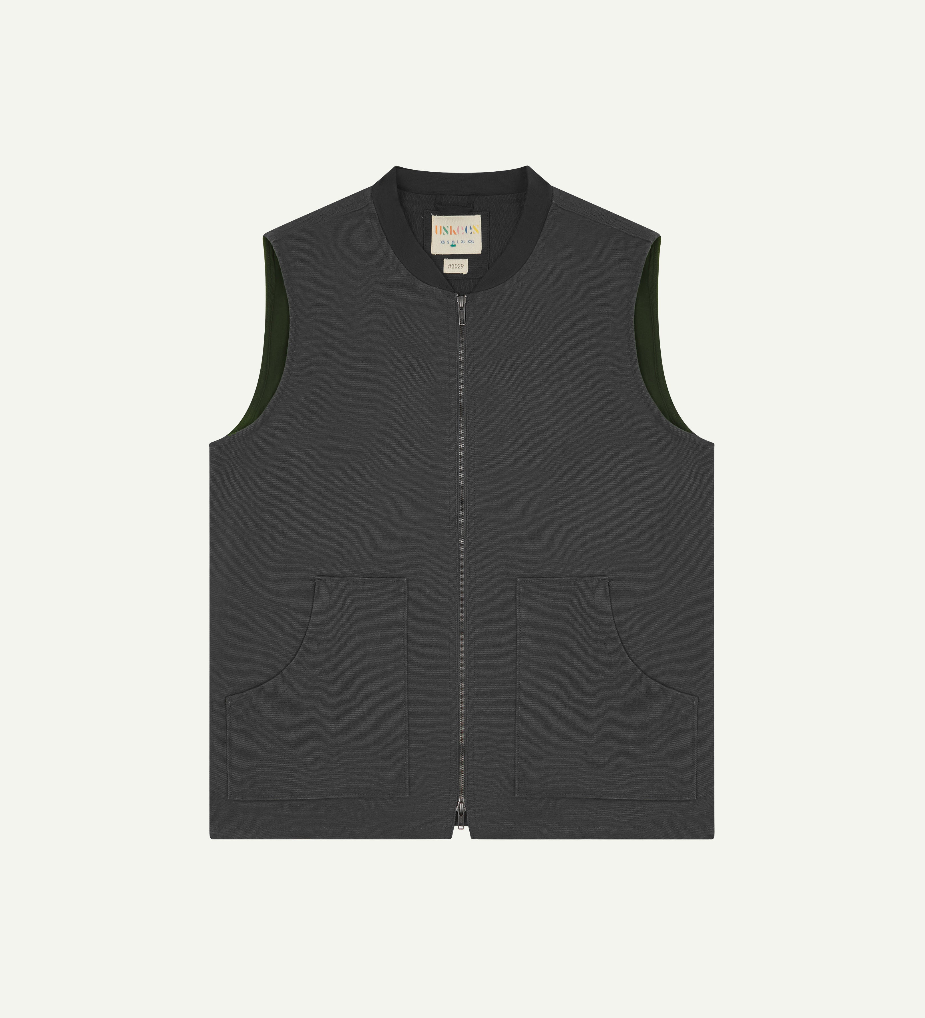 front flat shot of uskees dark grey gilet-style zip front waistcoat showing the front pockets and inner brand label at neck