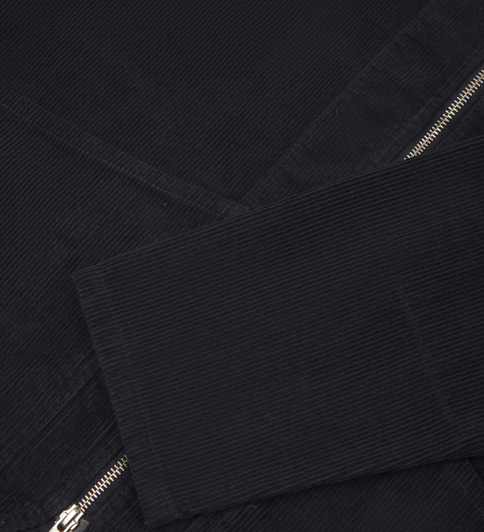 Angled close-up flat view of the pocket detailing of #5030 Uskees midnight blue jacket. View of wide, diagonal cut pockets, reinforced elbows and cuffs.