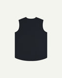 Full-length reverse view of Uskees #3036 dark blue (blueberry) organic cotton-drill vest.