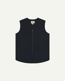 Full-length front view of Uskees #3036 dark blue (blueberry) organic cotton-drill vest. Fully zipped and showing clear view of curved patch pockets and branding label.