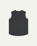 Full-length reverse view of Uskees #3036 charcoal-grey organic cotton-drill vest, showing clean, contemporary silhouette.