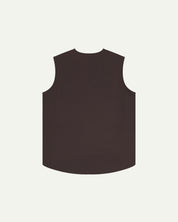 Full-length reverse view of Uskees #3036 burgundy-brown organic cotton-drill vest.