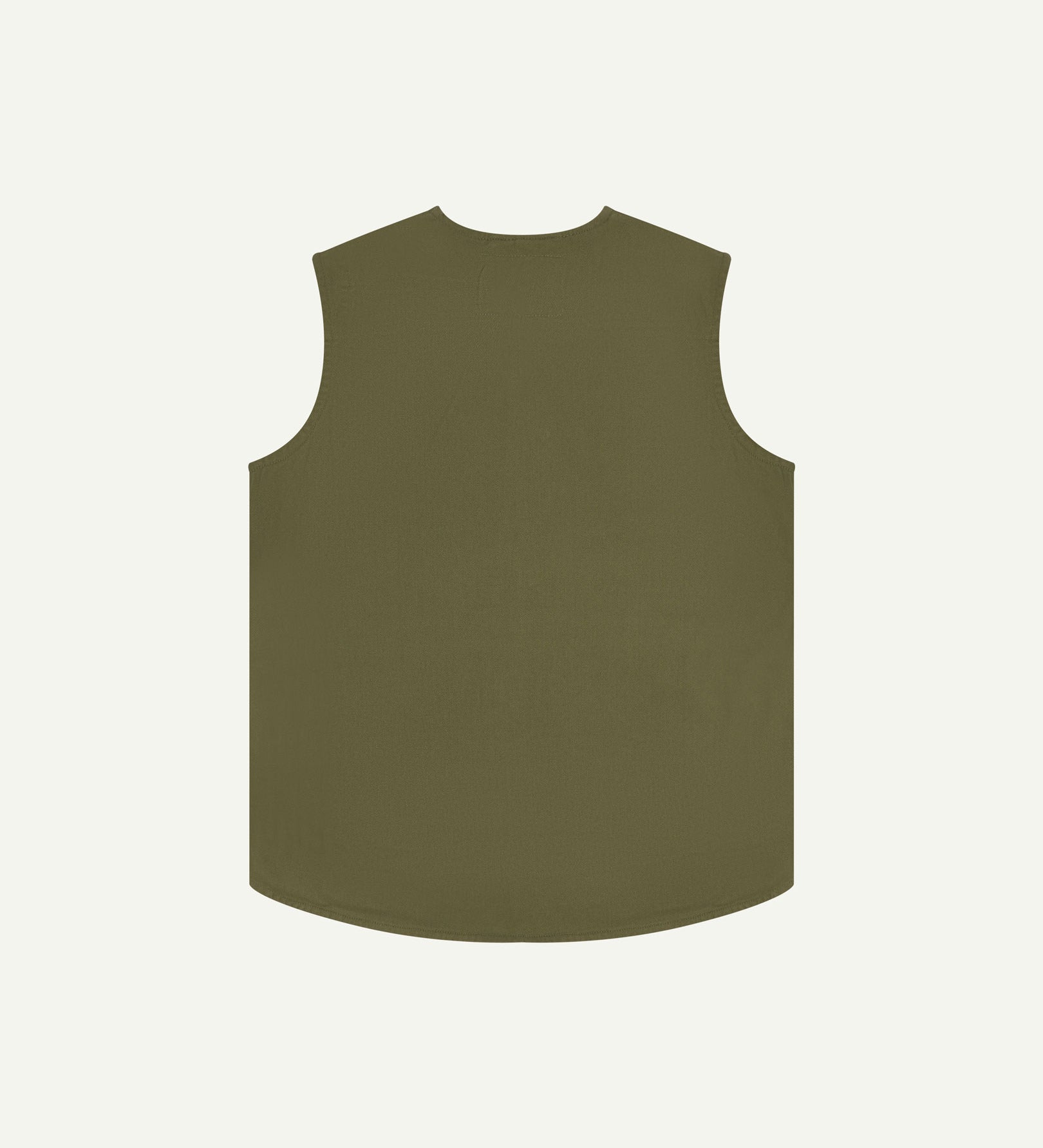 Full-length reverse view of Uskees #3036 moss-green organic cotton-drill vest.