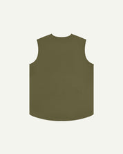Full-length reverse view of Uskees #3036 moss-green organic cotton-drill vest.