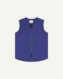Full-length front view of Uskees #3036 ultra blue organic cotton-drill vest. Fully zipped and showing clear view of curved patch pockets and branding label.