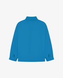 Full back view of Uskees opal-blue organic herringbone cotton engineer jacket showing reinforced elbows and simple lines.