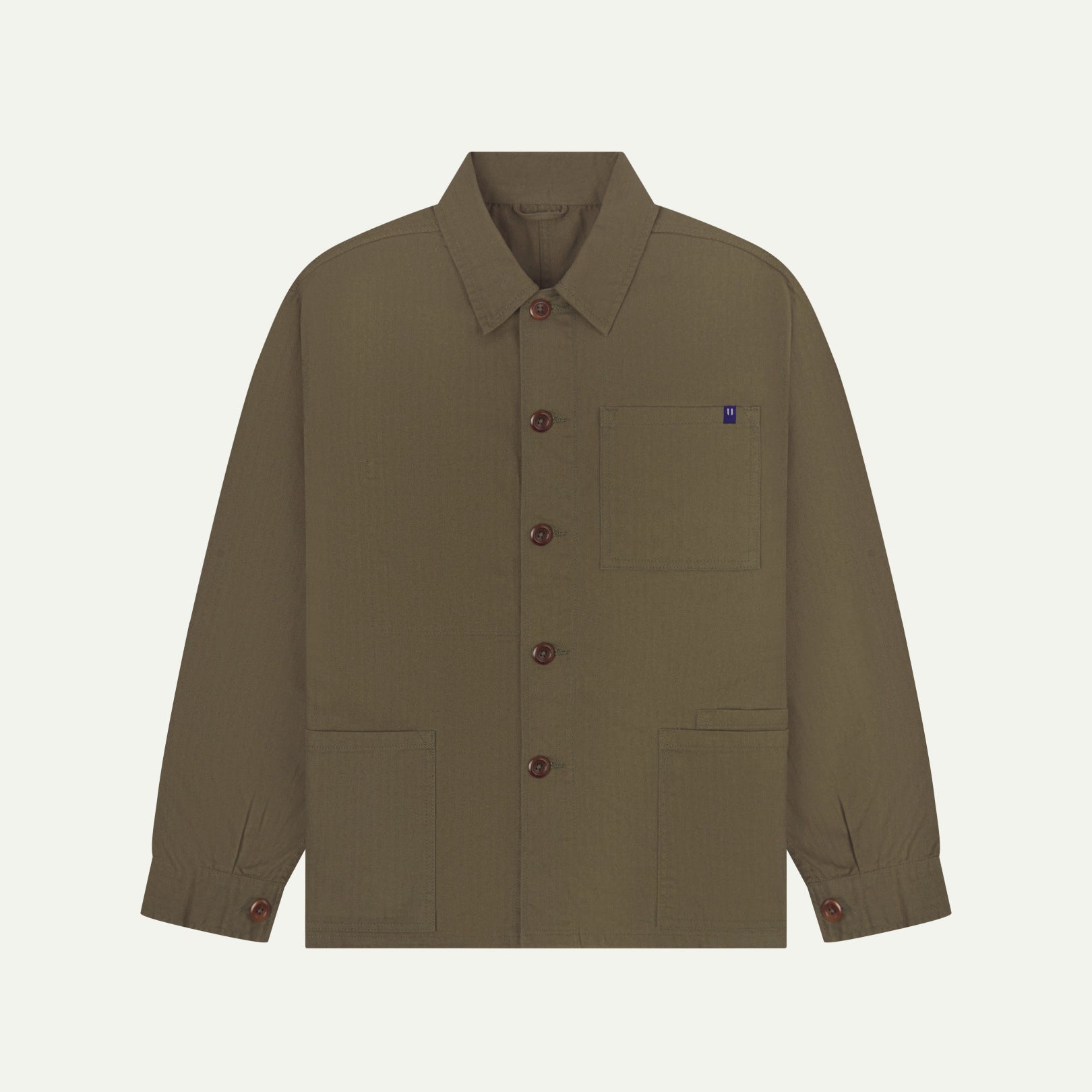 Flat front view of Uskees dark taupe organic herringbone cotton engineer jacket with 2 deep hip pockets with internal ticket pocket and chest pocket.