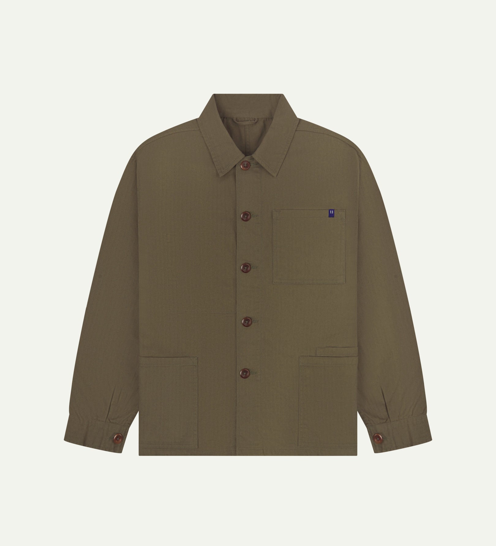 Flat front view of Uskees dark taupe organic herringbone cotton engineer jacket with 2 deep hip pockets with internal ticket pocket and chest pocket.