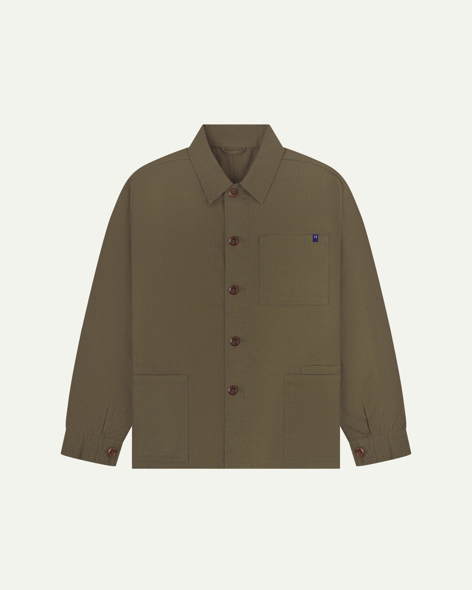 Flat front view of Uskees dark taupe organic herringbone cotton engineer jacket with 2 deep hip pockets with internal ticket pocket and chest pocket.