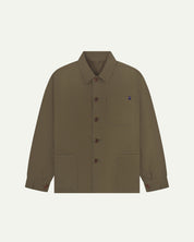 Flat front view of Uskees dark taupe organic herringbone cotton engineer jacket with 2 deep hip pockets with internal ticket pocket and chest pocket.