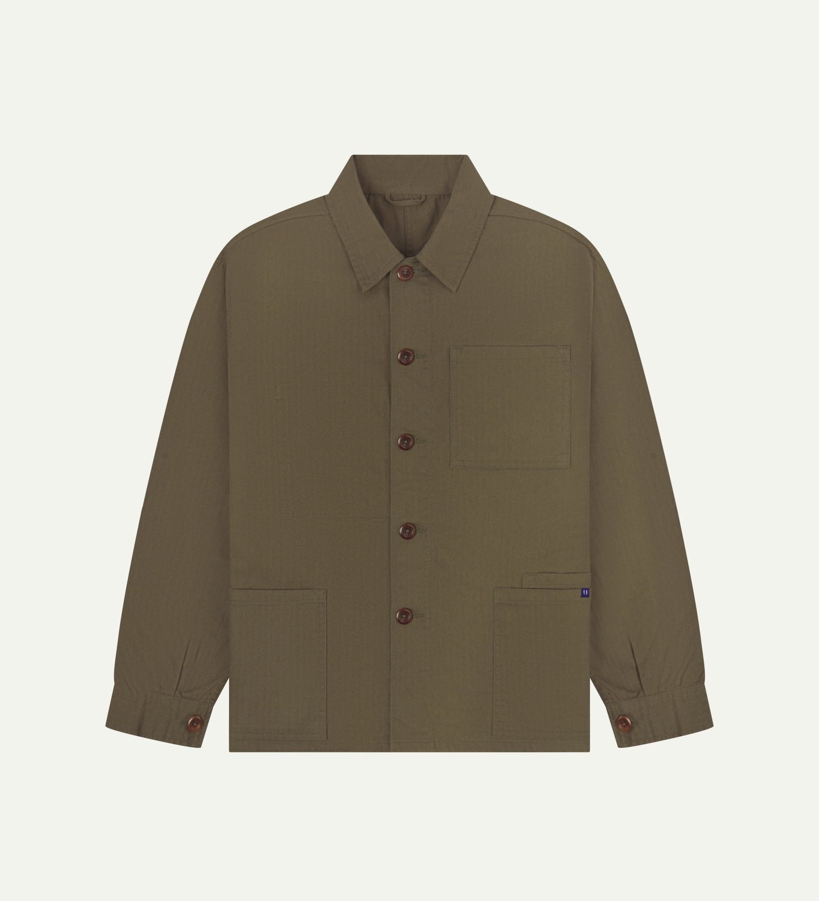 Full front view of Uskees dark taupe organic herringbone cotton engineer jacket with 2 deep hip pockets with internal ticket pocket and chest pocket.