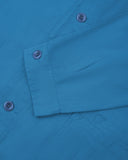 Sleeve view of Uskees 3040 opal-blue herringbone cotton engineer jacket with focus on placket, buttoned cuff and ticket pocket.