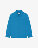 Full front view of Uskees opal-blue organic herringbone cotton engineer jacket with 2 deep hip pockets with internal ticket pocket and chest pocket.