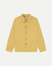 Full front view of Uskees sandstone-yellow organic herringbone cotton engineer jacket with 2 deep hip pockets with internal ticket pocket and chest pocket.