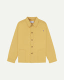 Full front view of Uskees sandstone-yellow organic herringbone cotton engineer jacket with 2 deep hip pockets with internal ticket pocket and chest pocket.