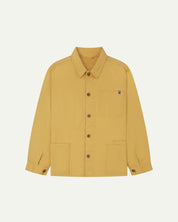 Full front view of Uskees sandstone-yellow organic herringbone cotton engineer jacket with 2 deep hip pockets with internal ticket pocket and chest pocket..