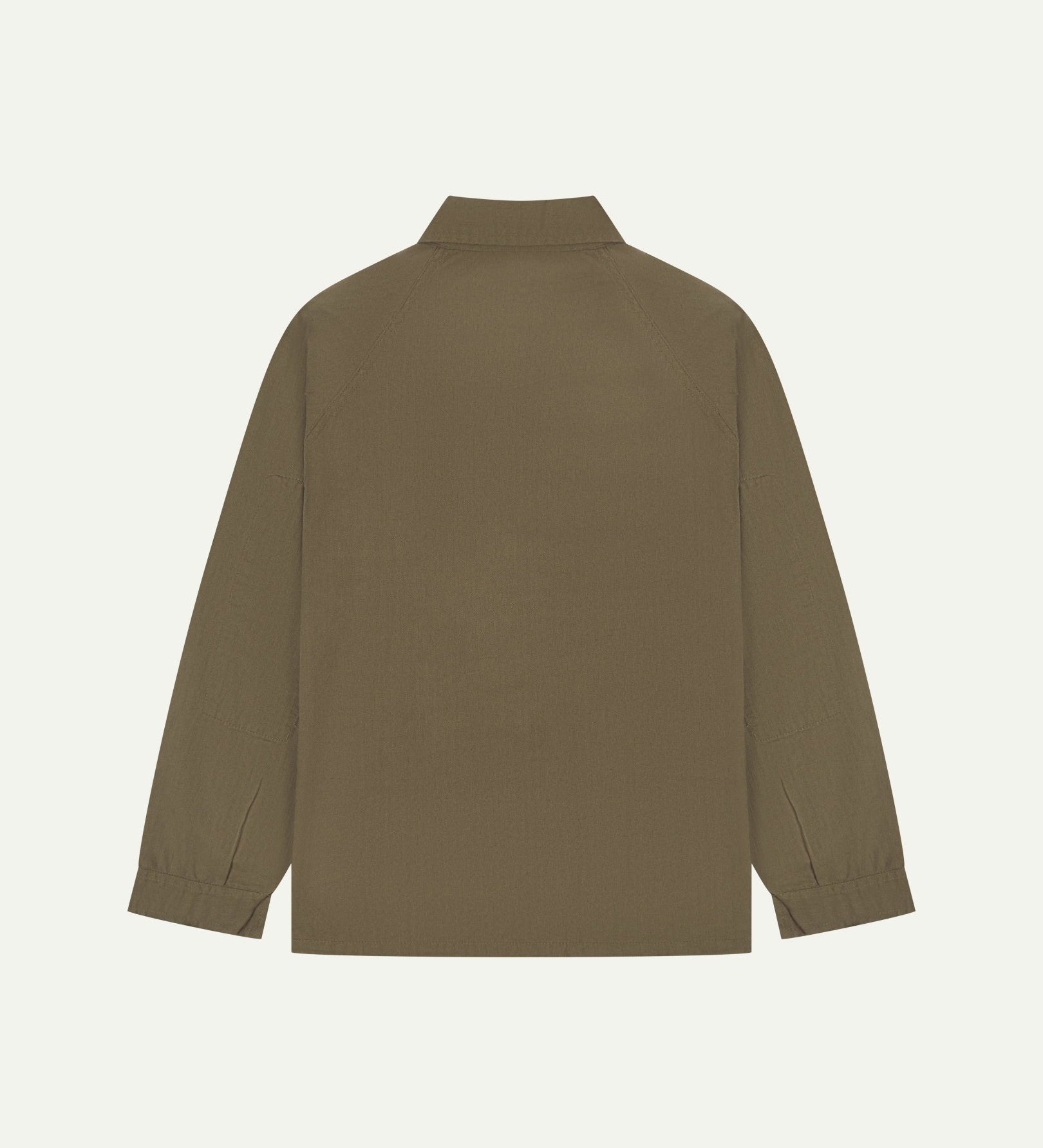 Flat back view of organic cotton dark taupe signal jacket from Uskees with view of reinforced elbows and raglan sleeves.