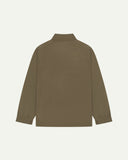 Flat back view of organic cotton dark taupe signal jacket from Uskees with view of reinforced elbows and raglan sleeves.