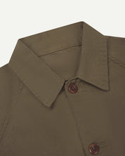 Close-up and angled front view of the 3041 signal jacket showing the herringbone cotton texture, collar and double stitch placket.