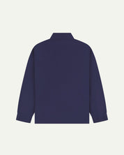 Flat back view of organic cotton deep indigo signal jacket from Uskees with view of reinforced elbows and raglan sleeves.