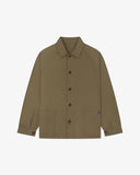 Flat front view of organic cotton dark taupe signal jacket from Uskees. Clearly showing the corozo button fastening and 2 deep hip pockets.