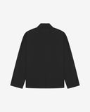 Flat back view of knitted organic cotton charcoal-grey blazer from Uskees with view of vent and reinforced elbows.