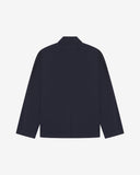 Flat back view of knitted organic cotton midnight blue blazer from Uskees with view of vent and reinforced elbows.