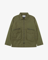 Front view of Uskees ivy green ripstop field jacket showing the chest zip pockets and gusseted pockets with flaps.