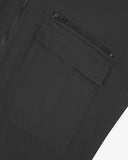 Close-up shot of a charcoal  grey Uskees jacket for men with a clear view of the zipped and flap front pocket on a white background