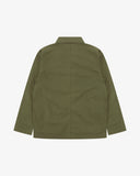 Back view of Uskees ivy green green ripstop utility jacket showing the modern military silhouette.