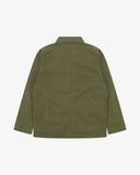 Back view of Uskees ivy green green ripstop utility jacket showing the modern military silhouette.