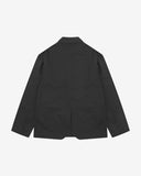 Flat back view of organic cotton twill black docklands blazer from Uskees with view of back vent.
