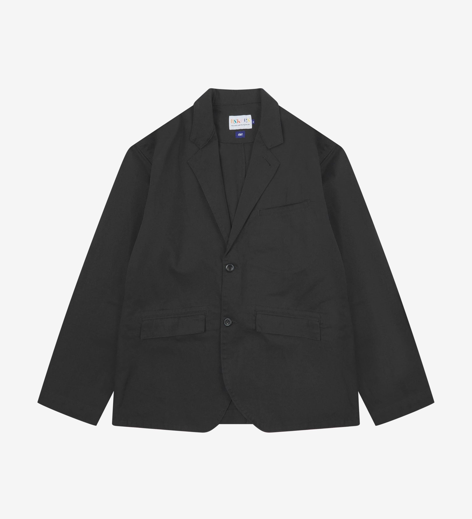 Full front view of organic cotton twill black docklands blazer. Clearly showing 2-button fastening, 3 jetted pockets and Uskees brand labels.