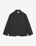 Full front view of organic cotton twill black docklands blazer. Clearly showing 2-button fastening, 3 jetted pockets and Uskees brand labels.