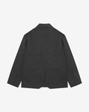 Flat back view of organic cotton twill charcoal-grey docklands blazer from Uskees with view of back vent.