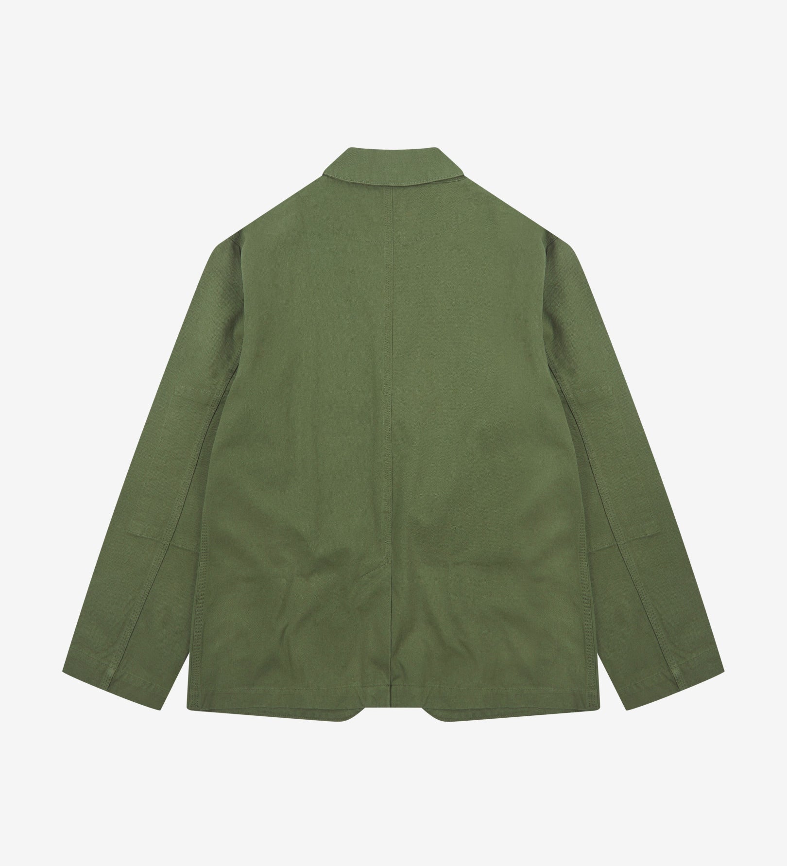 Flat back view of organic cotton twill coriander-green docklands blazer from Uskees with view of back vent.