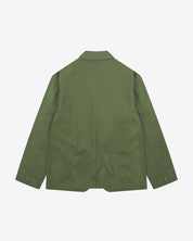 Flat back view of organic cotton twill coriander-green docklands blazer from Uskees with view of back vent.