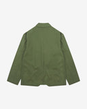 Flat back view of organic cotton twill coriander-green docklands blazer from Uskees with view of back vent.