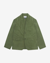 Full front view of organic cotton twill coriander-green docklands blazer from Uskees. Clearly showing 2-button fastening, 3 jetted pockets and brand labels.