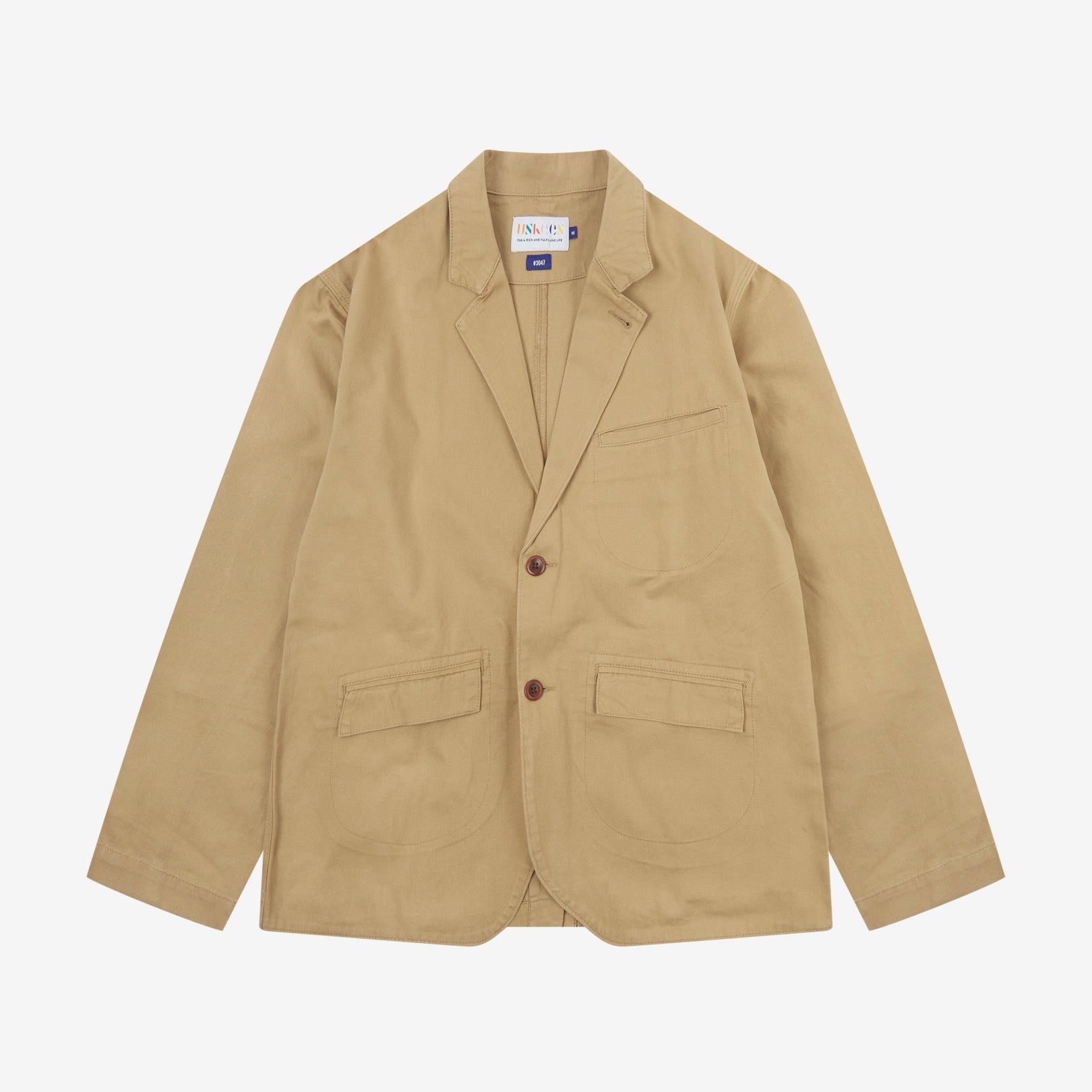 Full front view of organic cotton twill khaki docklands blazer from Uskees. Clearly showing 2-button fastening, 3 jetted pockets and Uskees brand labels.