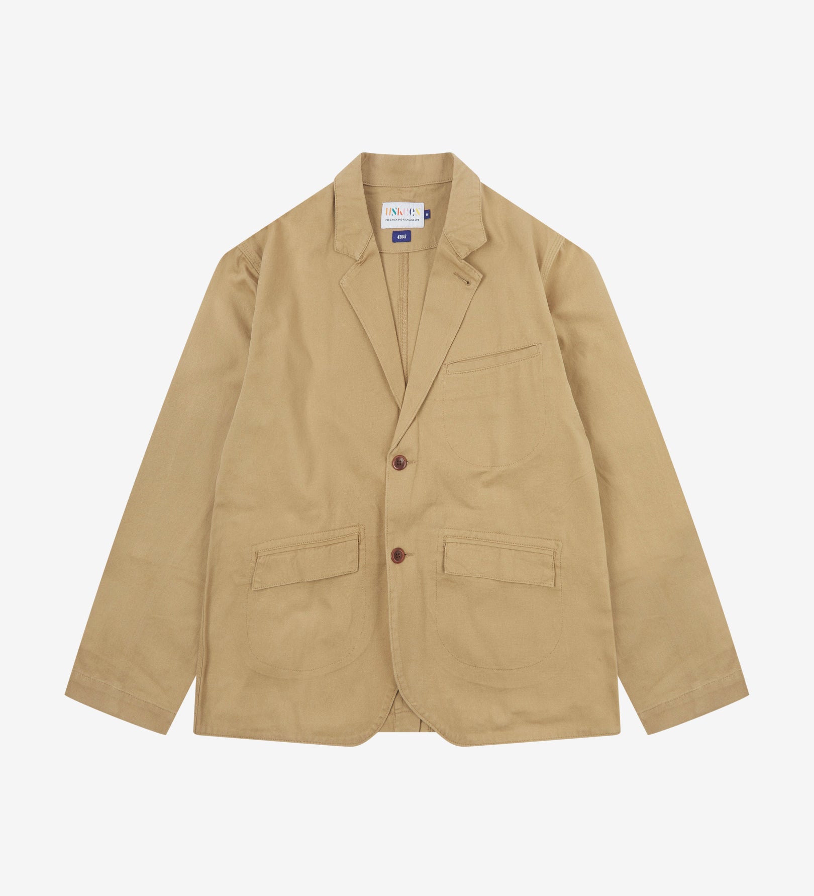 Full front view of organic cotton twill khaki docklands blazer from Uskees. Clearly showing 2-button fastening, 3 jetted pockets and Uskees brand labels.