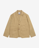 Full front view of organic cotton twill khaki docklands blazer from Uskees. Clearly showing 2-button fastening, 3 jetted pockets and Uskees brand labels.